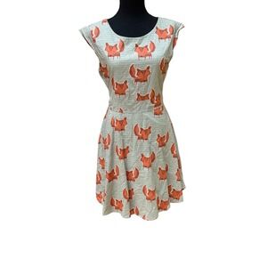 Fox Print Dress Cap Sleeve Green Lined Whimsy Fairy  Cottage Acedemia Size M/L